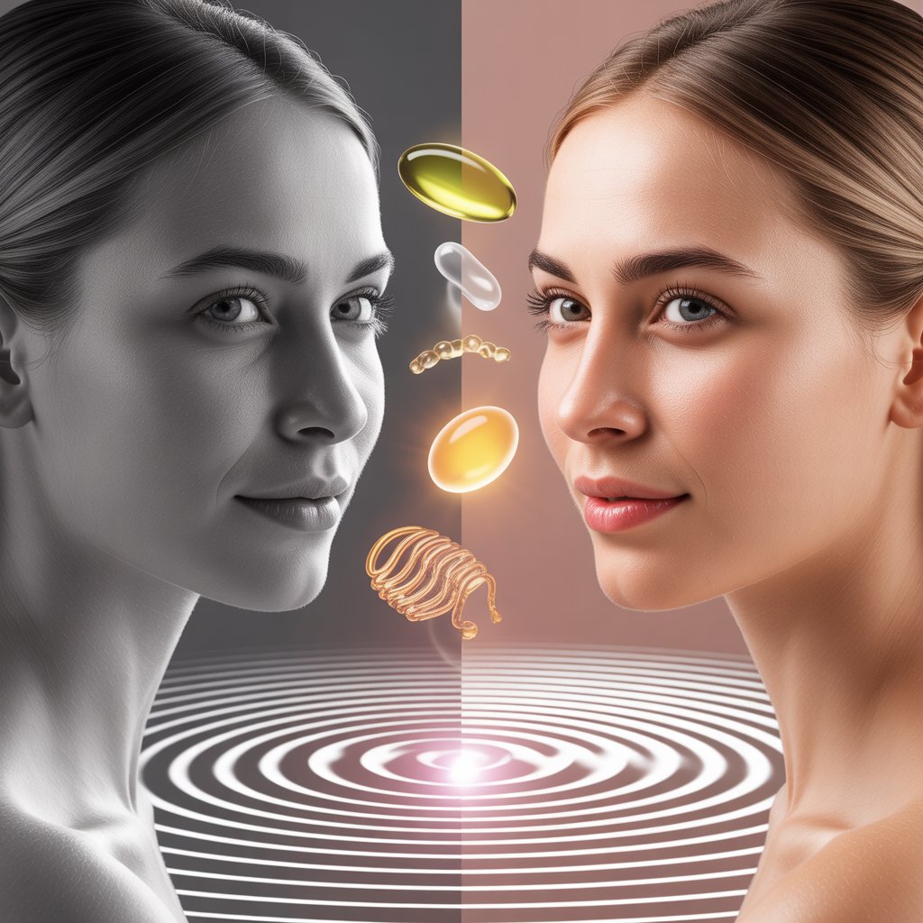 Woman over 40 with calm confidence in coral and teal wellness palette